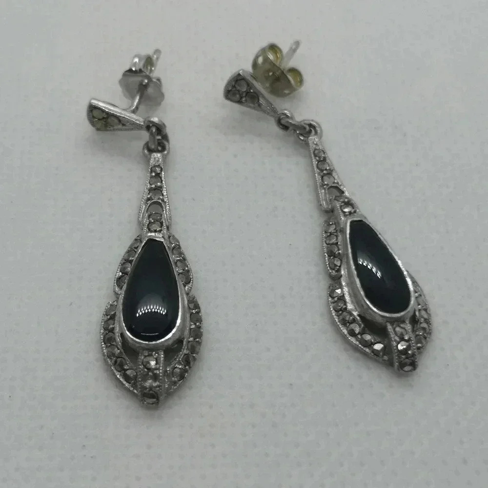Marcasite & jet sterling earrings